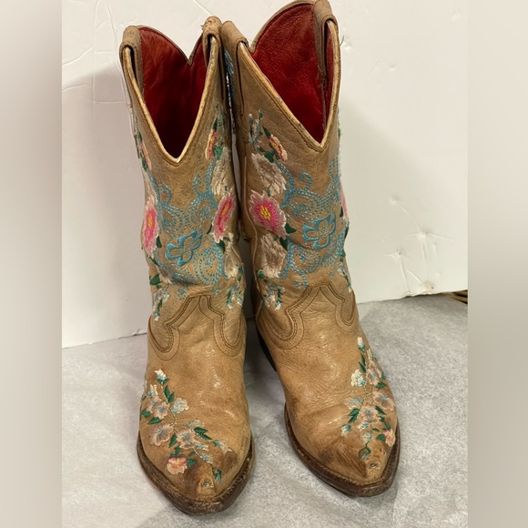 Macie Bean Girls Boots Floral Embroidered Cowgirl Western Brown Leather Size 13
